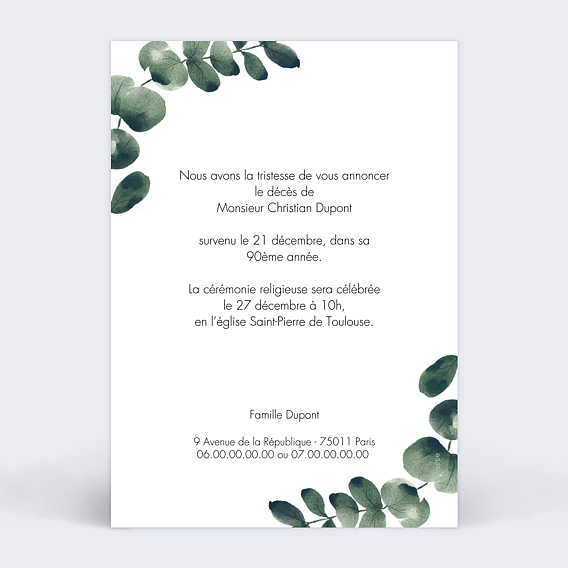 Faire-part décès Branche d'Eucalyptus Verso