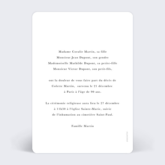 Faire-part décès Fleurs et Colombes Verso