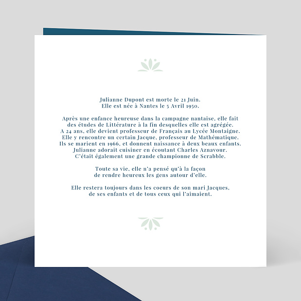 Faire-Part de décès Découpe Dentelle Verso