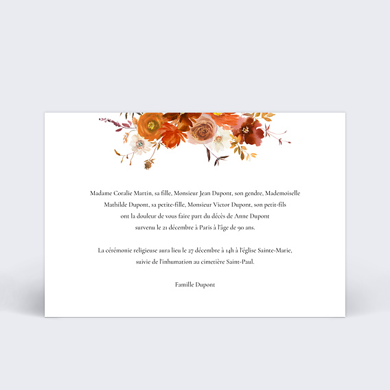 Faire-part décès Cadre Fleuri Verso