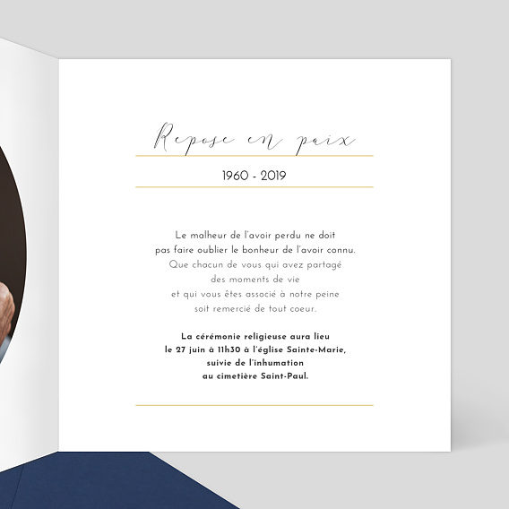 Faire-part décès Dorure Couronne Photo Intérieur Droit
