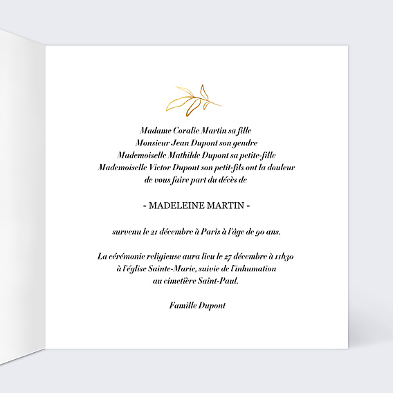 Faire-part décès Feuillage Ocre Intérieur Droit
