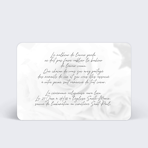 Faire-part décès Roses Noir et Blanc Verso