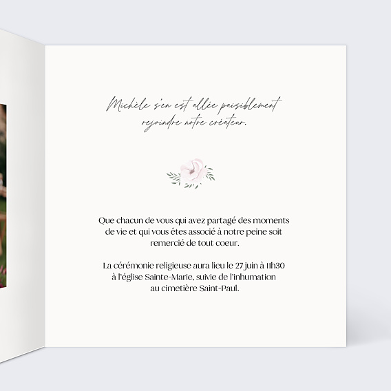 Faire-part décès Bougie et fleurs Intérieur Droit