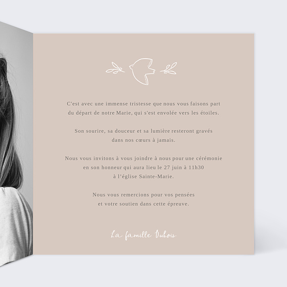 Faire-part décès Petite colombe au ciel Intérieur Droit