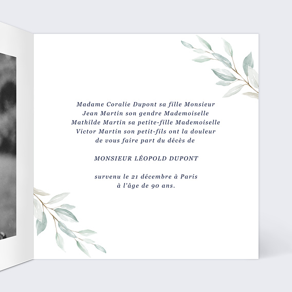 Faire-part décès Lettrine Botanique Intérieur Droit