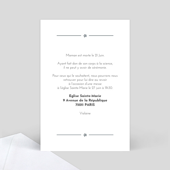 Faire-part décès Dorure Cadre Chic Verso