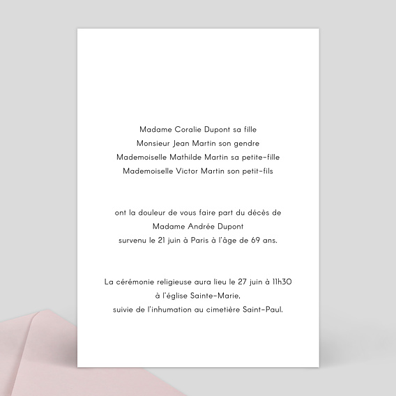 Faire-part décès Typographie Verso