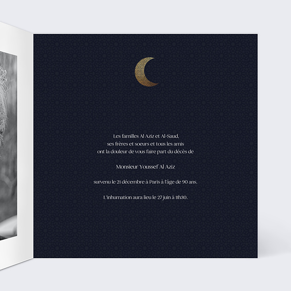 Faire-part décès Croissant Islam Intérieur Droit