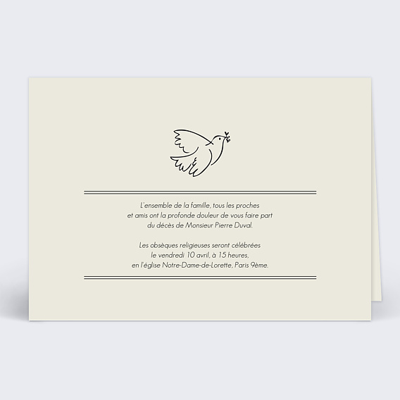 Faire-part décès Colombe Simple Recto