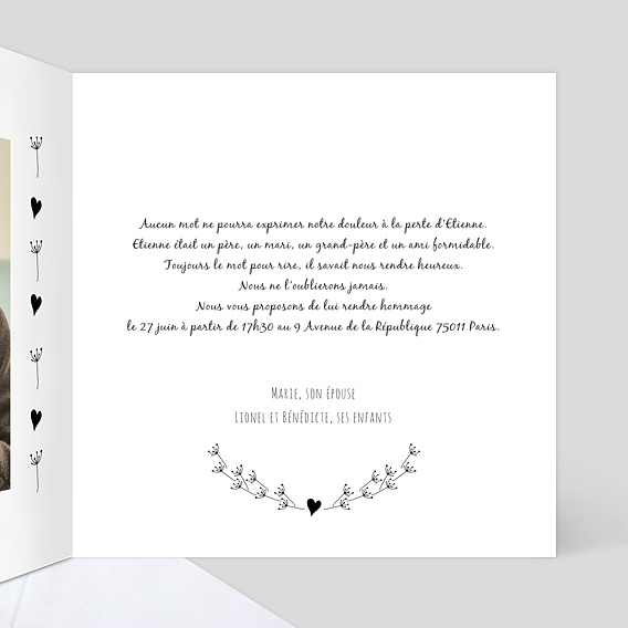 Faire-part décès Coeur Bucolique 1 Photo Intérieur Droit