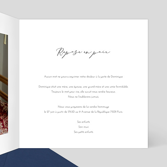 Faire-part décès Dorure Cadre 4 Photos Intérieur Droit