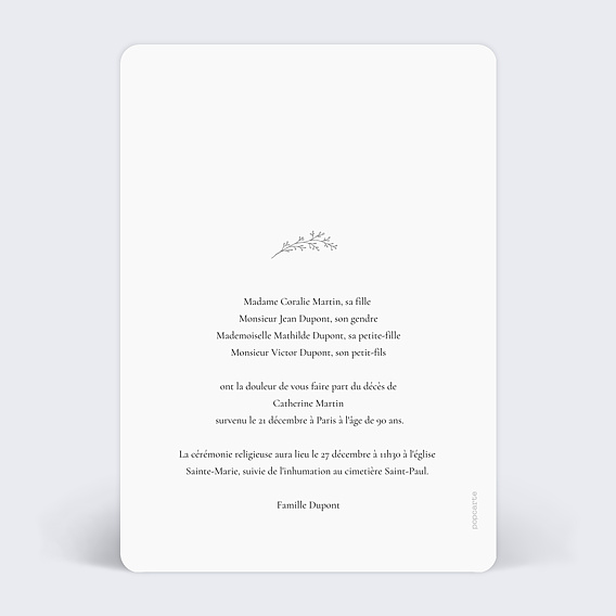 Faire-part décès Double Lettrines Botaniques Verso