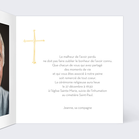 Faire-part décès Croix Or Intérieur Droit