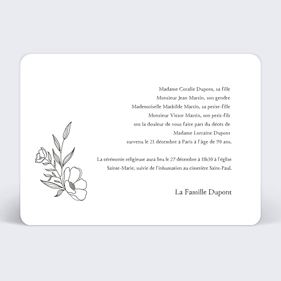 Faire-part décès Pensées Verso