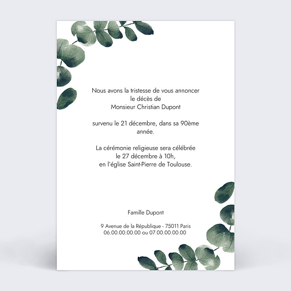 Faire part Décès Branche d'Eucalyptus
