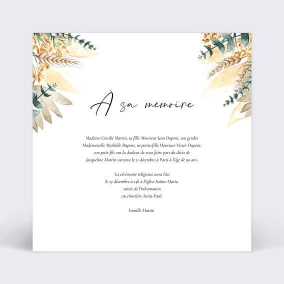 Faire-part décès Aquarelle Fleur Verso