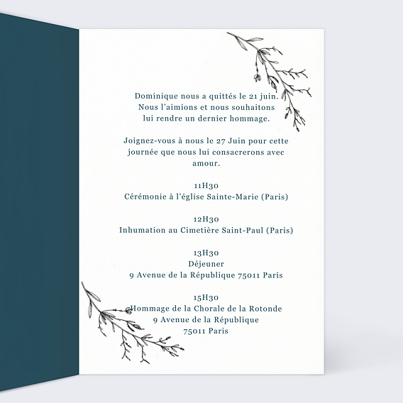 Faire-part décès Idylle Intérieur Droit