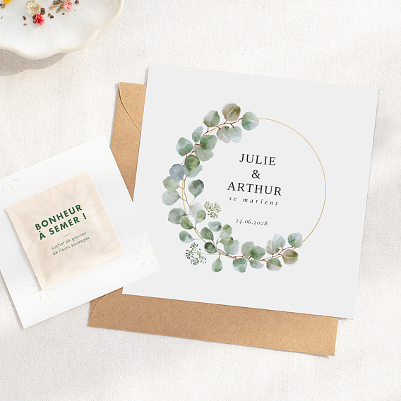 Faire part mariage Couronne Eucalyptus avec Graines