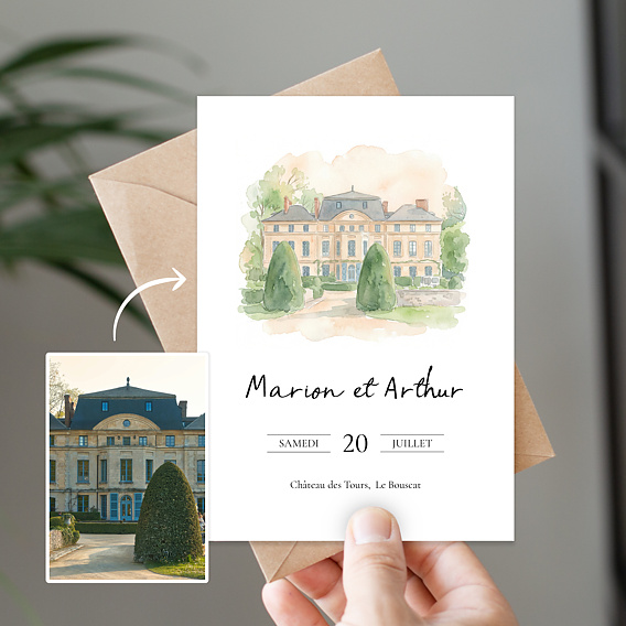 Faire part mariage Lieu de cérémonie en aquarelle