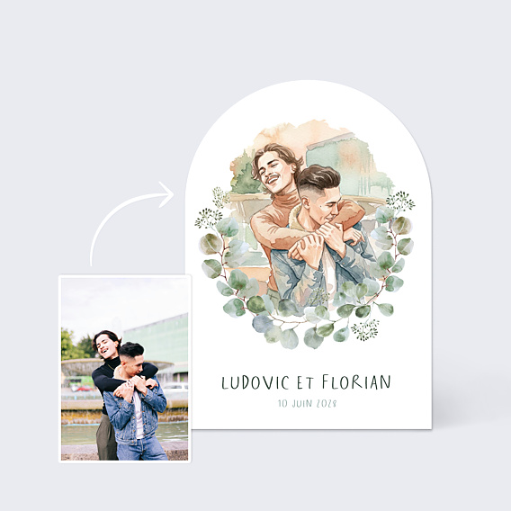 Faire part mariage Portrait en aquarelle avec couronne eucalyptus