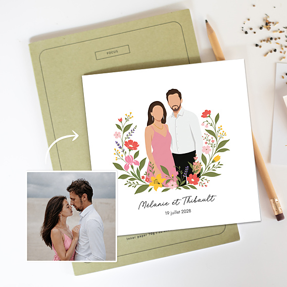 Faire part mariage Portrait minimaliste avec couronne champêtre