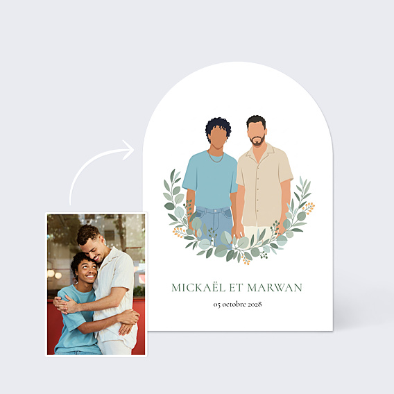 Faire part mariage Portrait minimaliste avec couronne eucalyptus
