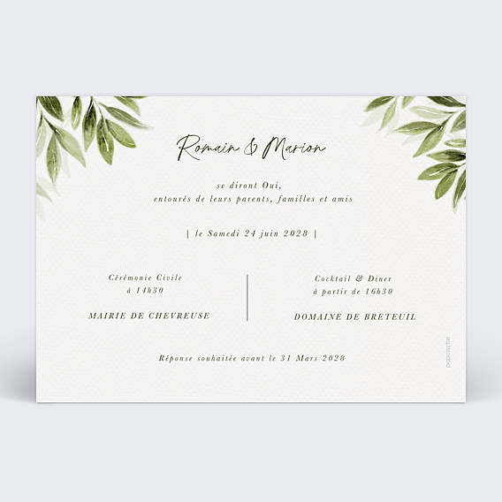 Faire part mariage Lauriers Suspendus Verso