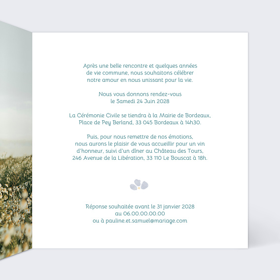 Faire part mariage Petites fleurs bleues Intérieur Droit