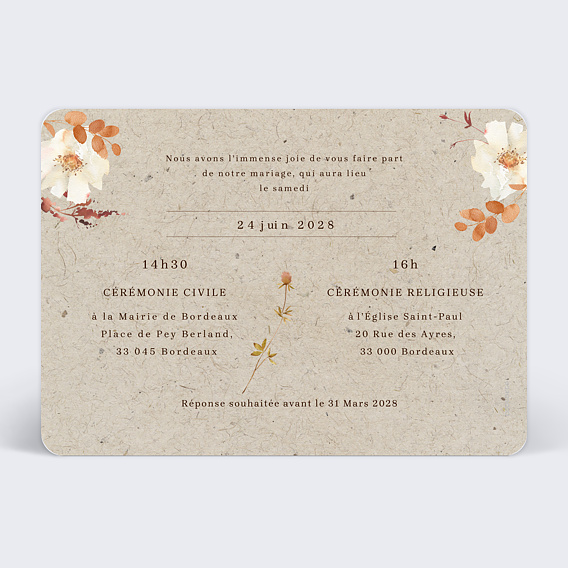 Faire part mariage Idylle Champêtre Verso