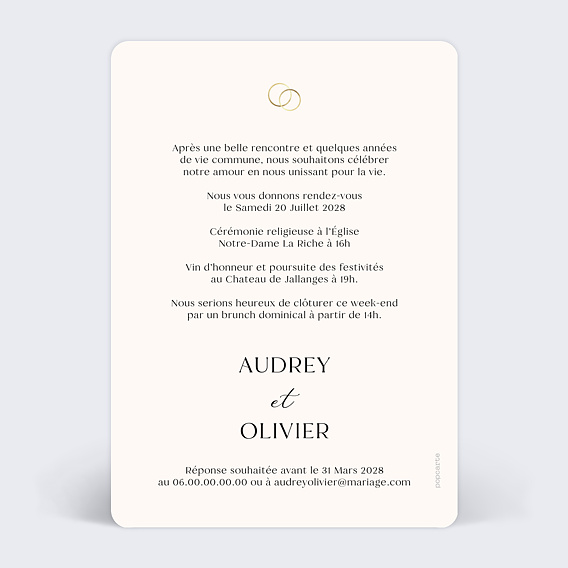Faire part mariage Alliances Minimaliste Verso