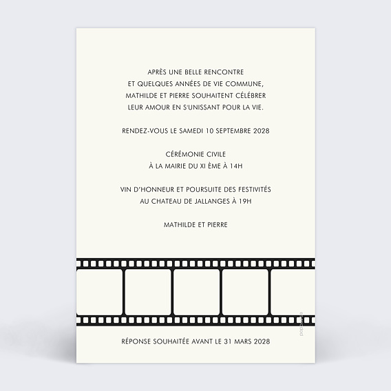 Faire part mariage Bande cinéma vintage Verso