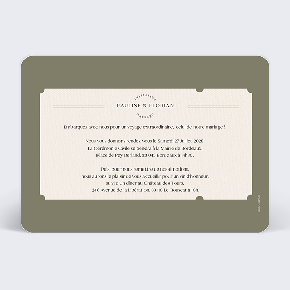 Faire part mariage Billet d'Avion Verso