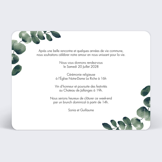 Faire part mariage Branche d’Eucalyptus photo Verso