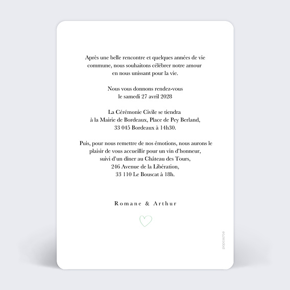 Faire part mariage Calendrier Petit Coeur Verso