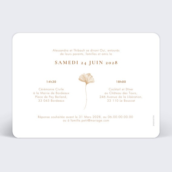 Faire part mariage Ginkgo Débordant Verso
