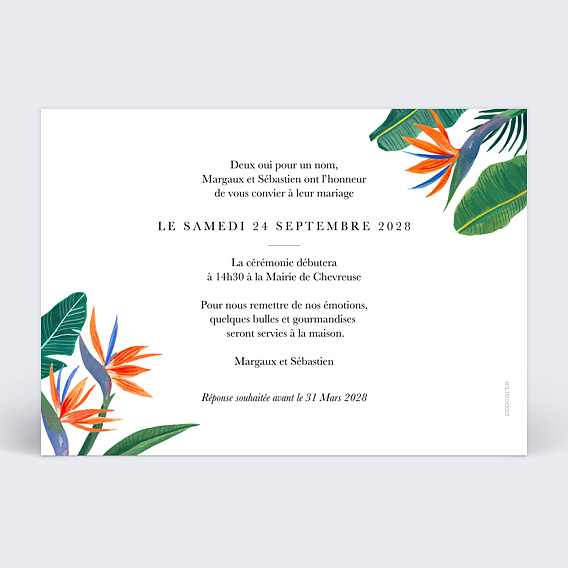 Faire part mariage Oiseaux de Paradis Verso