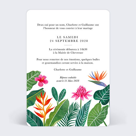 Faire part mariage Paradis Exotique Verso