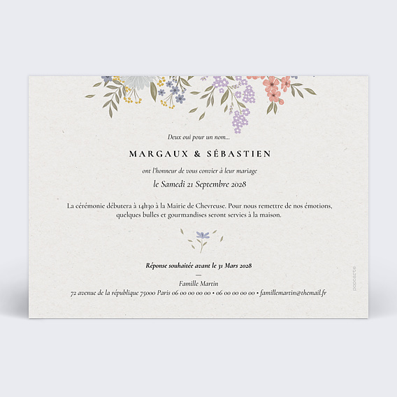 Faire part mariage Prairie Fleurie Verso