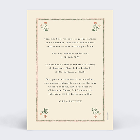 Faire part mariage Tapisserie d'Antan Verso