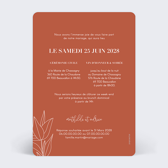 Faire part mariage Terracotta Flowers Verso