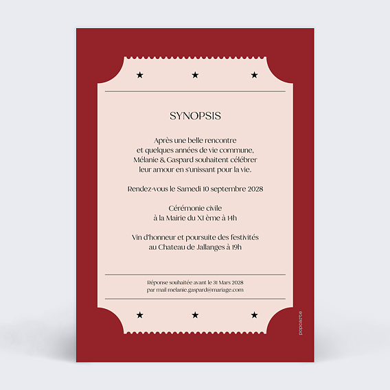 Faire part mariage Ticket de cinéma Verso