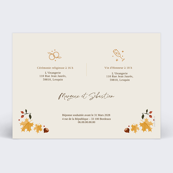 Faire part mariage Tourbillon d'Automne Verso