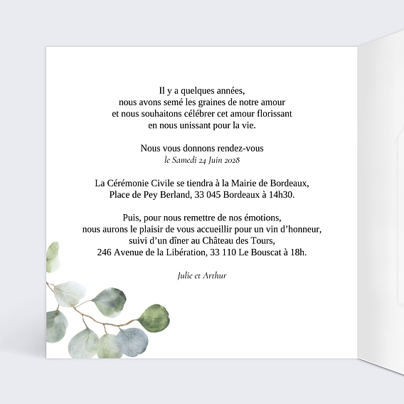 Faire part mariage Couronne Eucalyptus avec Graines Intérieur Gauche