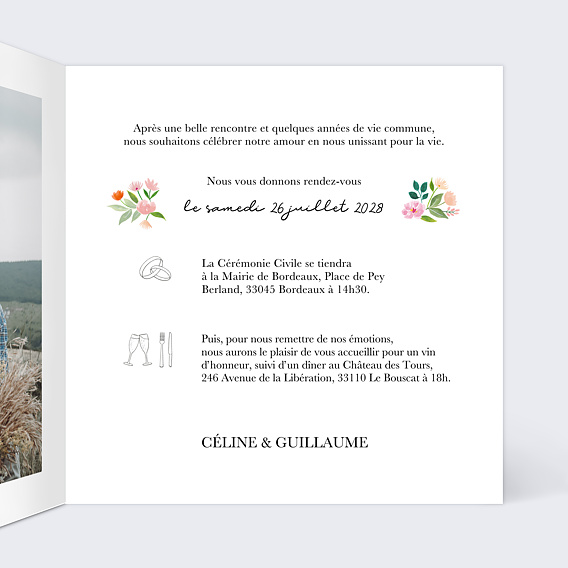 Faire part mariage Couronne Champêtre Aquarelle Intérieur Droit