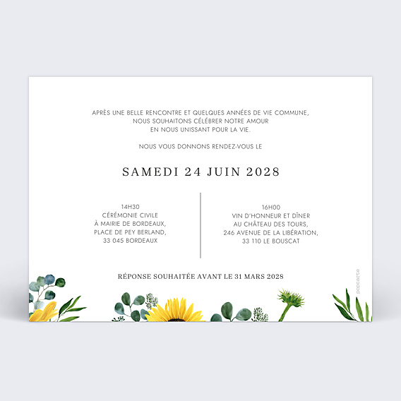 Faire-part Mariage Eucalyptus et Tournesol