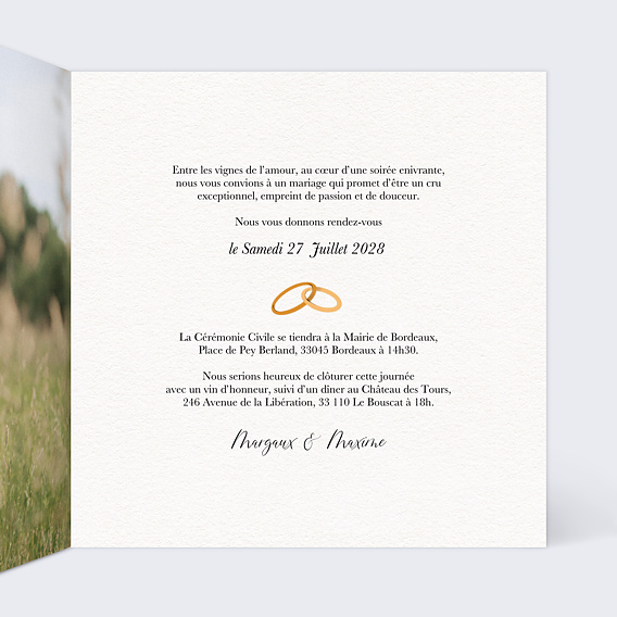 Faire part mariage Vignes de l'Amour Intérieur Droit