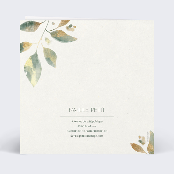 Faire part mariage Feuilles de Jade Verso