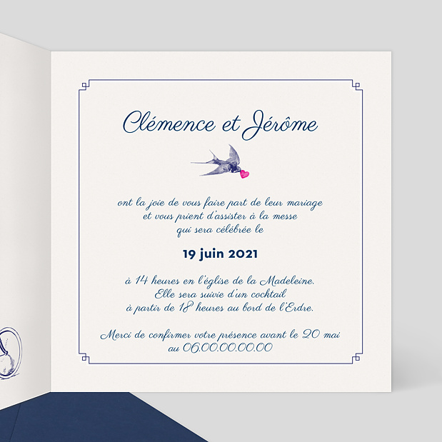 Faire-part mariage Hirondelle d'amour Intérieur Droit