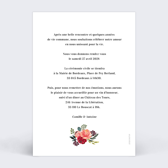 Faire part mariage Initiales et profusion de fleurs Verso